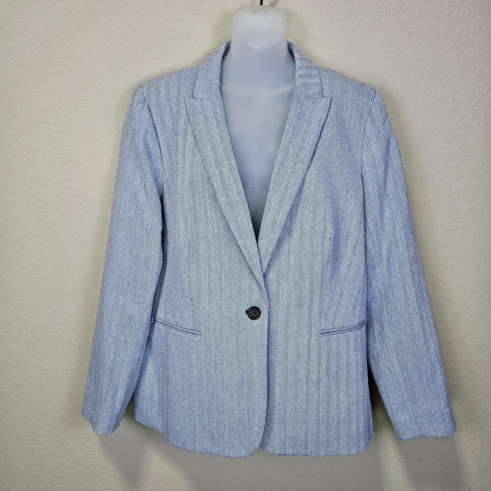 J.Crew Herringbone Blazer Women 16 Cotton Linen Blue White Preppy Academia CL240